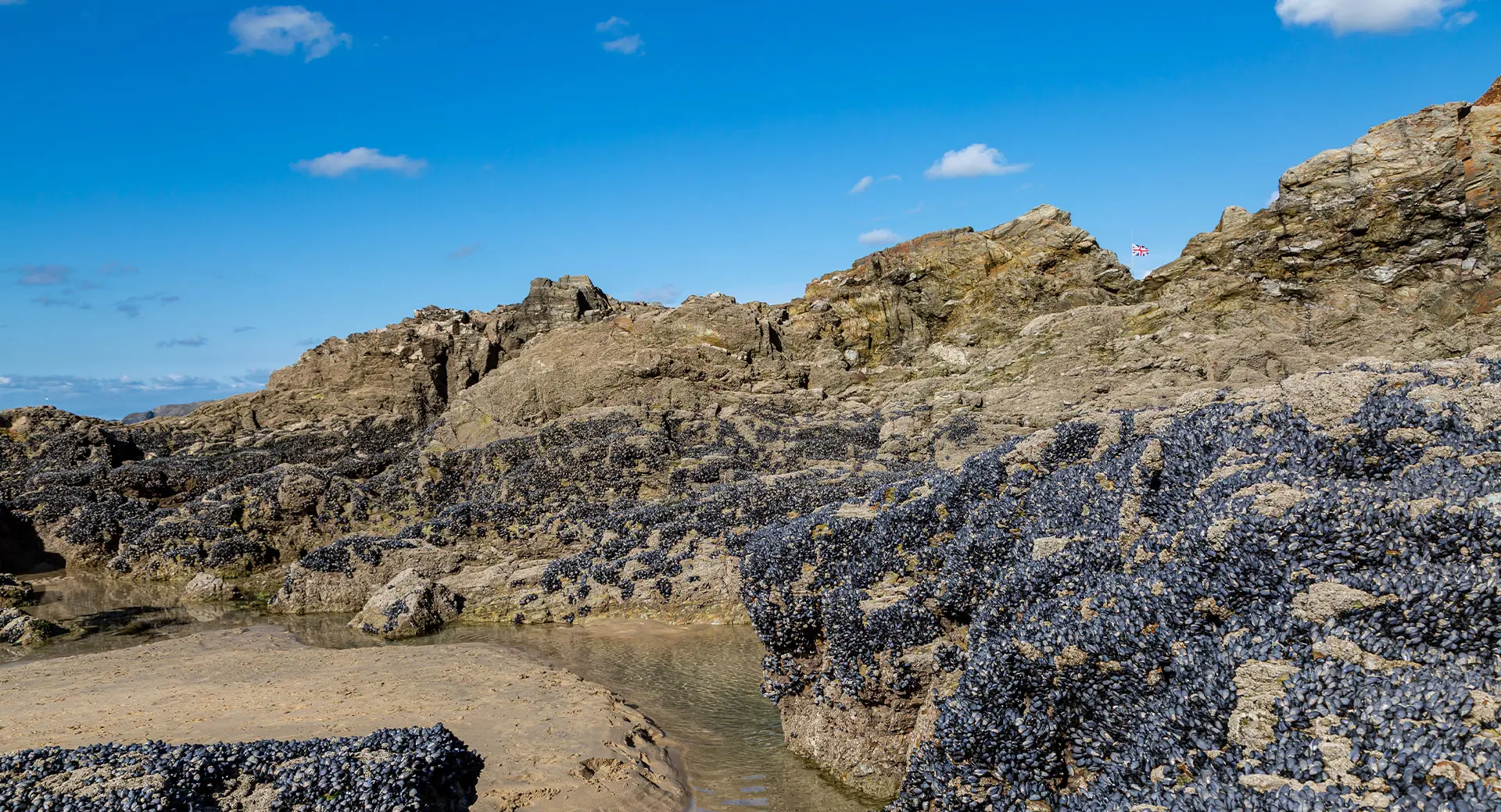 Rocky cliffs by a beach on a sunny day