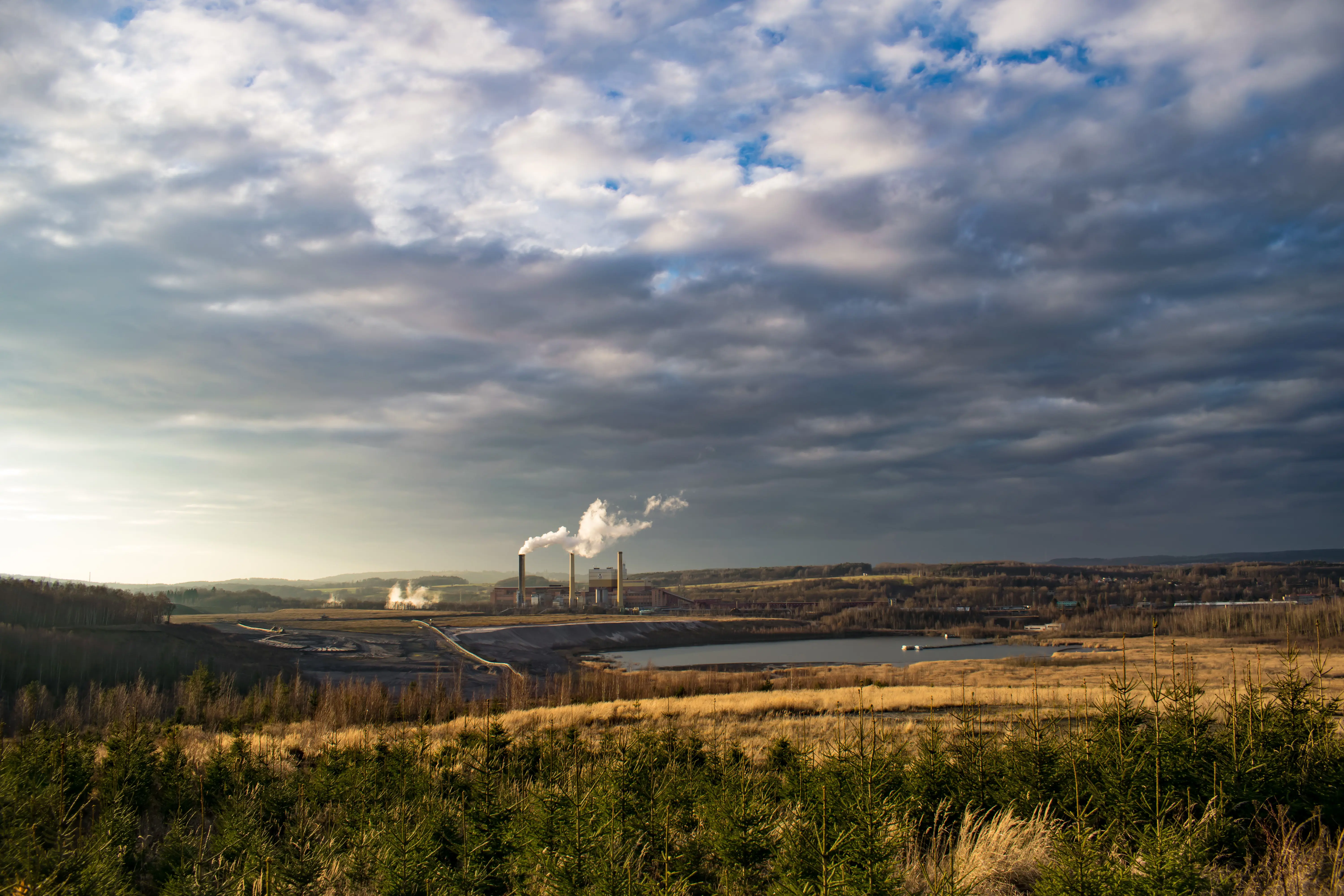 A marshland landscape with a power plant in the distance on a cloudy day